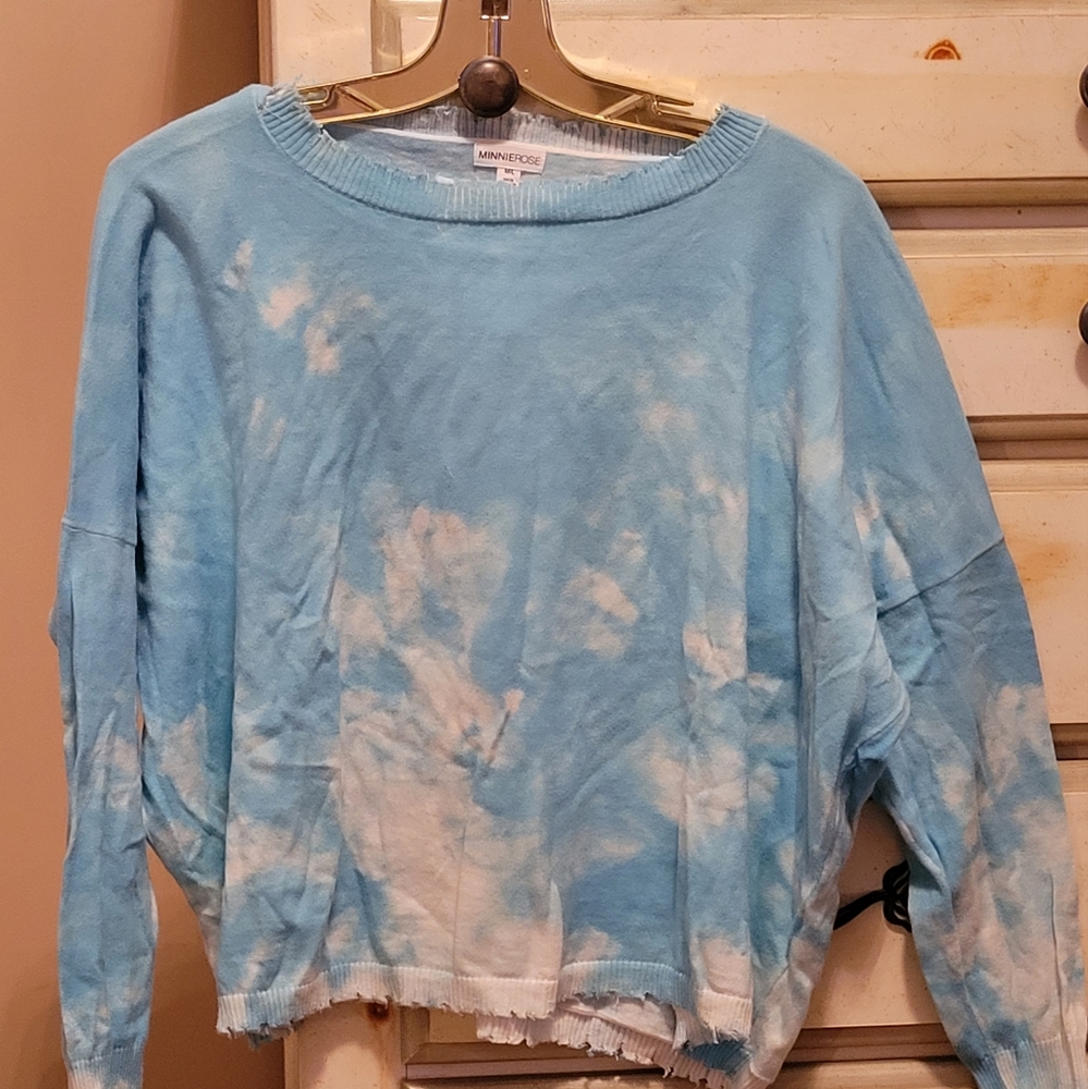 MinnieRose frayed trim crop tie dyed cotton sweater